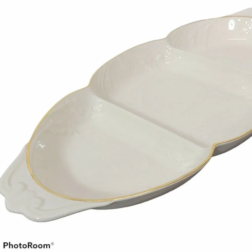 Lenox Off White Ceramic Holiday Heirloom 3 Part Relish Server Tray China Platter